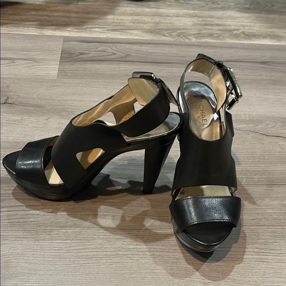 Michael Kors Black Heels with Crisscross Straps and Chunky Heel